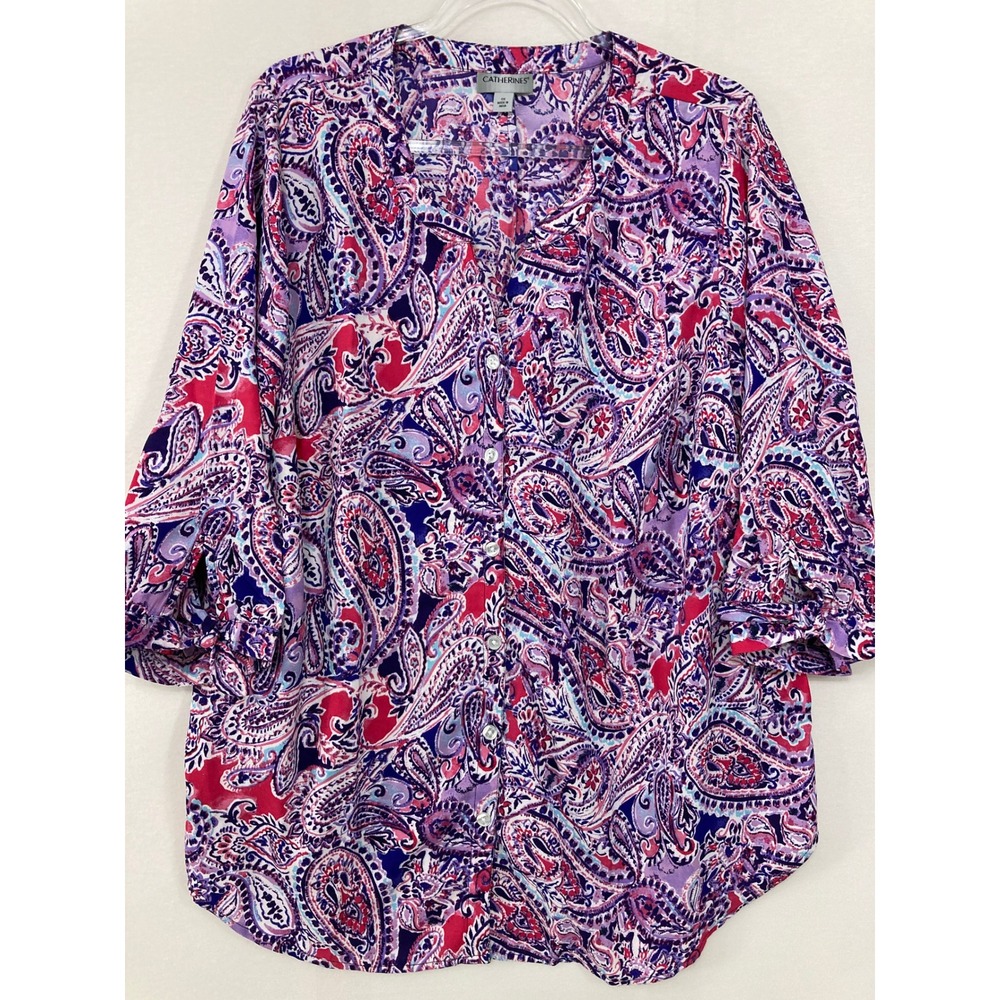 Catherines Blouse 0X Pink Purple Paisley Tie Sleeve Button Front Top Feminine